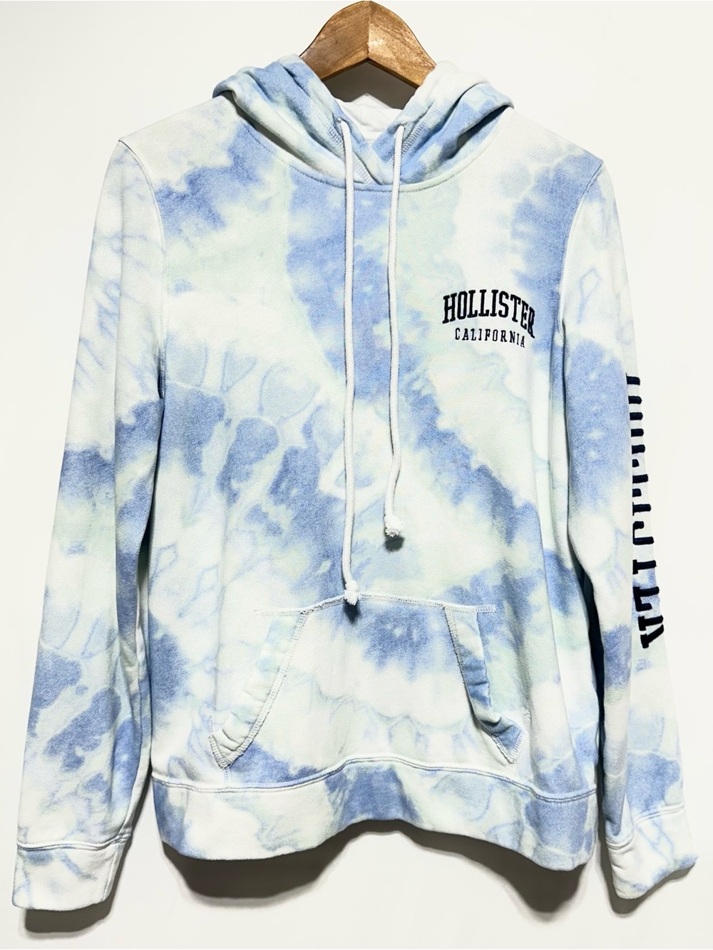 Hollister Blue Tie Dye Logo Pullover Hoodie Sweatshirt Large